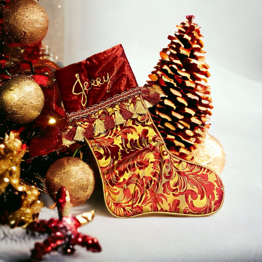 “Jerry” Personalized Burgundy Gold Velvet Christmas Stocking Tassel